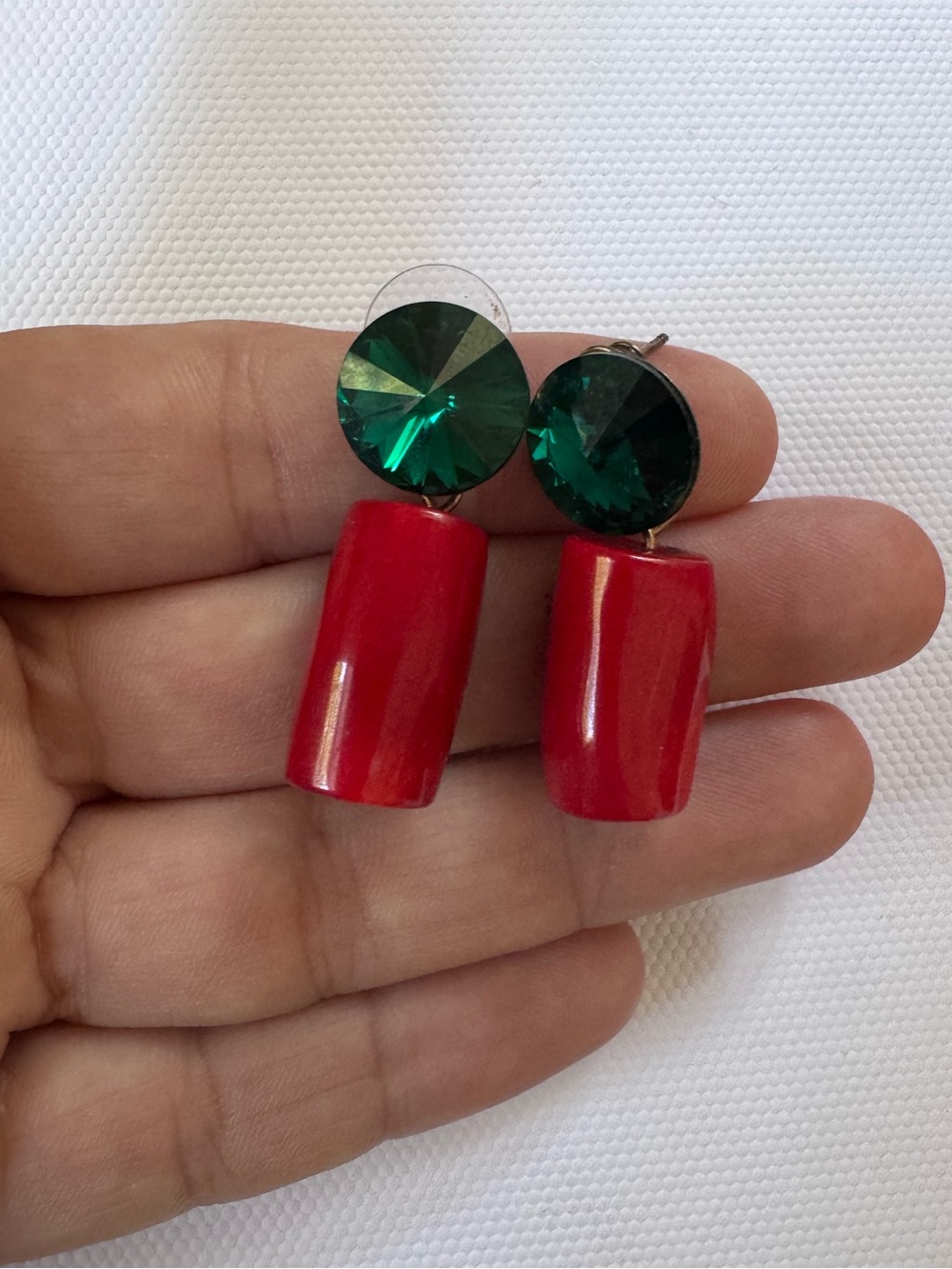 Green Swarovski  Crystal and Coral  Red Drop Statement Earrings
